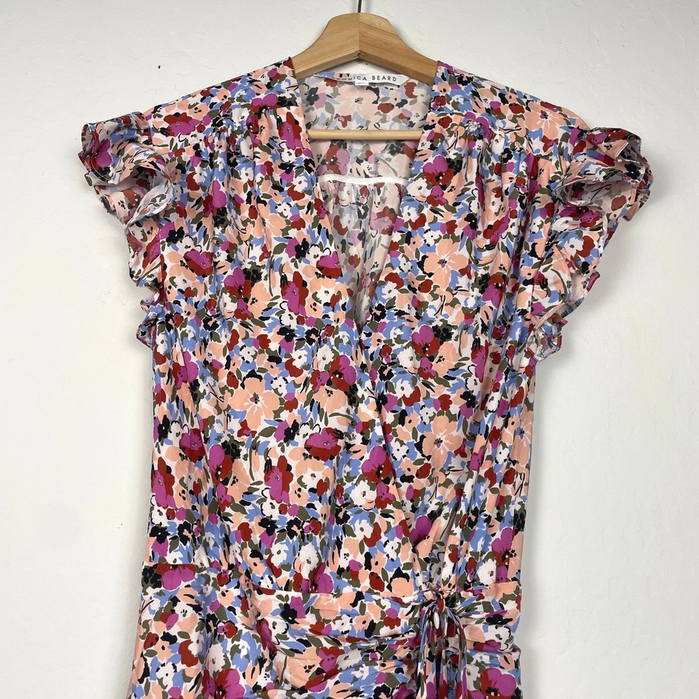 Veronica Beard Marla Ruched Floral Dress Short Flutter Sleeves Silk Blend Size 2 - Picture 5 of 14